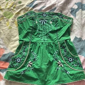 1 Anthropologie Green Embroidered Strapless Top
